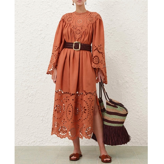Zimmermann Awaken Embroidered Yoke Maxi Kjole, Cinnamon